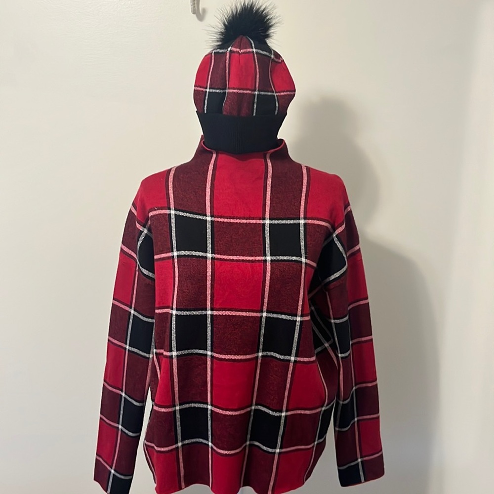 TAHARI Women’s XL Red Plaid Sweater Top w/Matching Beanie w/Pouf